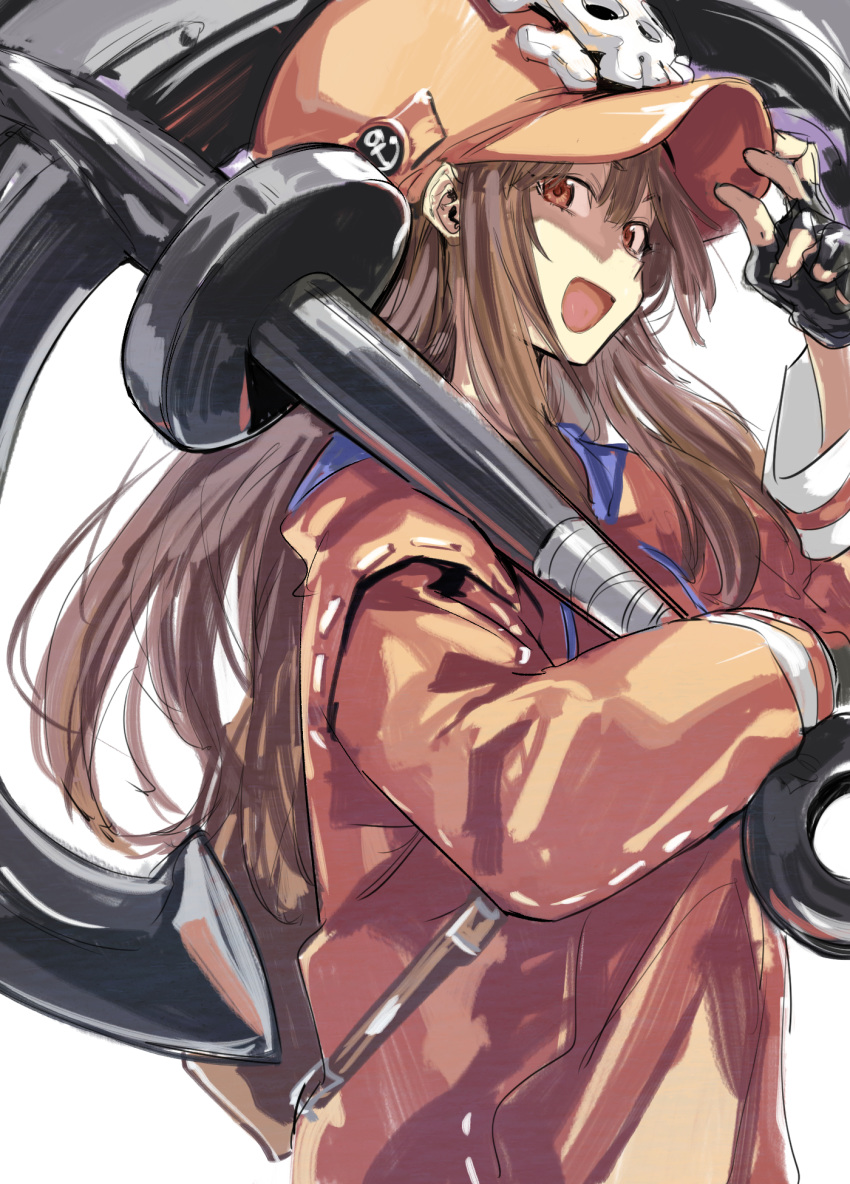 1girl anchor backpack bag black_gloves brown_background brown_eyes brown_hair eyebrows_visible_through_hair fingerless_gloves gloves guilty_gear hat highres holding holding_weapon hood hood_down hoodie ikuhana_niiro long_hair may_(guilty_gear) open_clothes open_hoodie open_mouth orange_headwear over_shoulder simple_background sketch smile solo upper_body weapon weapon_over_shoulder white_background