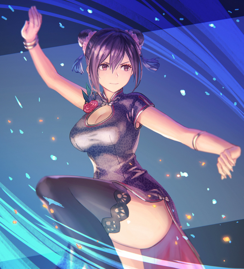 1girl absurdres anbe_yoshirou arm_up black_dress black_hair blurry bracelet breasts china_dress chinese_clothes cleavage_cutout commentary_request crane_stance depth_of_field double_bun dress final_fantasy final_fantasy_vii final_fantasy_vii_remake flower hair_between_eyes highres jewelry large_breasts looking_to_the_side motion_lines print_dress shiny shiny_clothes short_sleeves sidelocks simple_background solo thigh-highs thighs tifa_lockhart two-tone_background violet_eyes