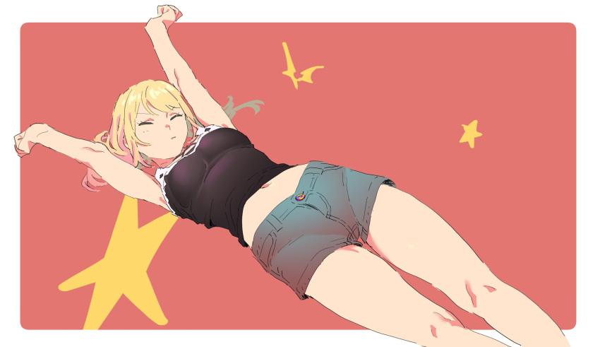 1girl arms_up bare_legs black_shirt blonde_hair blue_shorts breasts closed_eyes closed_mouth commentary denim denim_shorts henken highres lying medium_breasts medium_hair midriff navel on_back original red_background shirt short_shorts shorts simple_background solo star stretch thighs