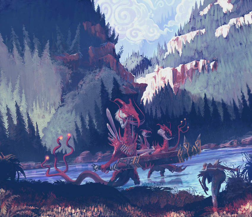 1boy blue_pants bush cliff clouds concept_art dragon highres horns mountain pants pine_tree red_scales river rock sammy_hall sheikah sneaking spikes split_tail sword the_legend_of_zelda tree weapon yellow_eyes