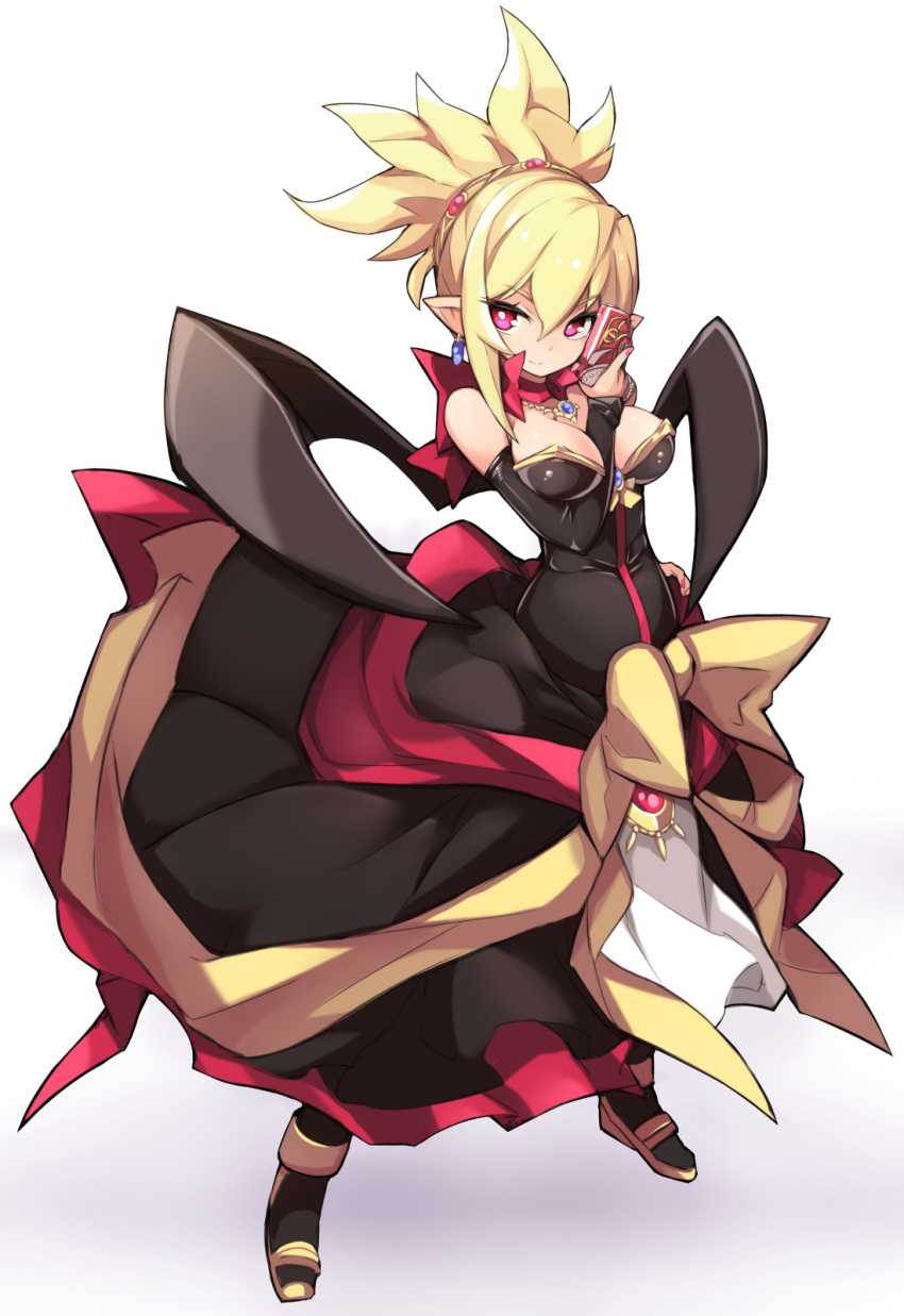 1girl arm_between_breasts bangs black_dress black_footwear black_wings blonde_hair boots bow breasts closed_mouth commentary_request disgaea dress earrings eyebrows_visible_through_hair full_body gradient gradient_background grey_background hair_between_eyes hand_up highres holding jewelry karukan_(monjya) looking_at_viewer makai_senki_disgaea_2 medium_breasts pointy_ears ponytail rozalin sidelocks smile solo standing strapless strapless_dress violet_eyes white_background wings yellow_bow