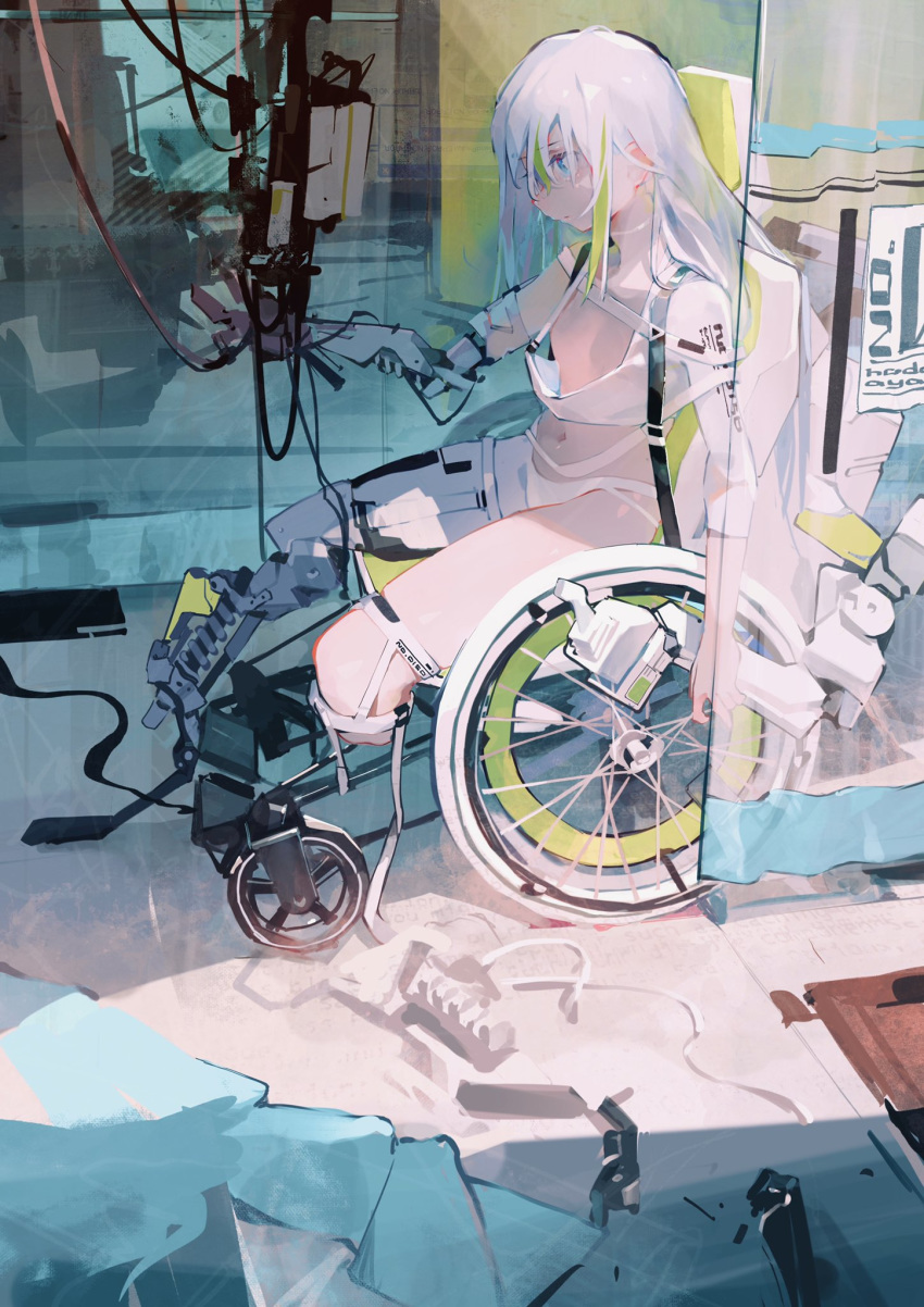 1girl aamond amputee blue_eyes closed_mouth cyborg green_hair highres long_hair mechanical mechanical_arm mechanical_leg mechanical_parts multicolored multicolored_hair navel original sitting solo wheelchair white_hair