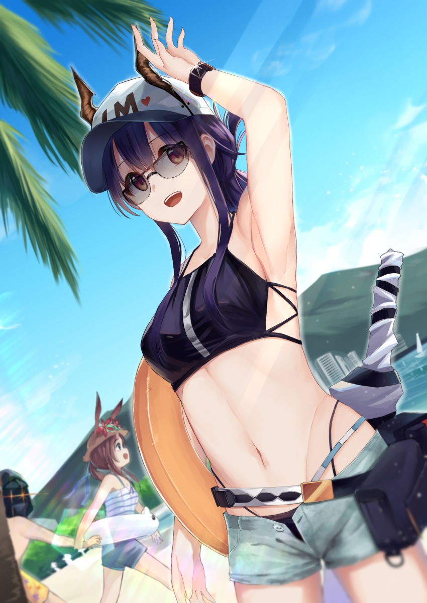 1boy 2girls :d amiya_(arknights) animal_ears arknights arm_up armpits bangs bare_arms bare_shoulders baseball_cap beach belt bikini black_bikini blue_sky breasts brown_eyes brown_headwear ch'en_(arknights) commentary cowboy_shot day doctor_(arknights) dragon_horns dutch_angle ears_through_headwear english_commentary from_side glint grey_shorts groin hat heart highleg highleg_bikini highres horns horns_through_headwear innertube lens_flare light_rays long_hair looking_at_viewer medium_breasts multiple_girls navel open_fly open_mouth pouch profile purple_hair rabbit_ears short_shorts shorts sidelocks sky smile standing stomach sun_hat sunglasses swimsuit wrist_cuffs yatsucchie