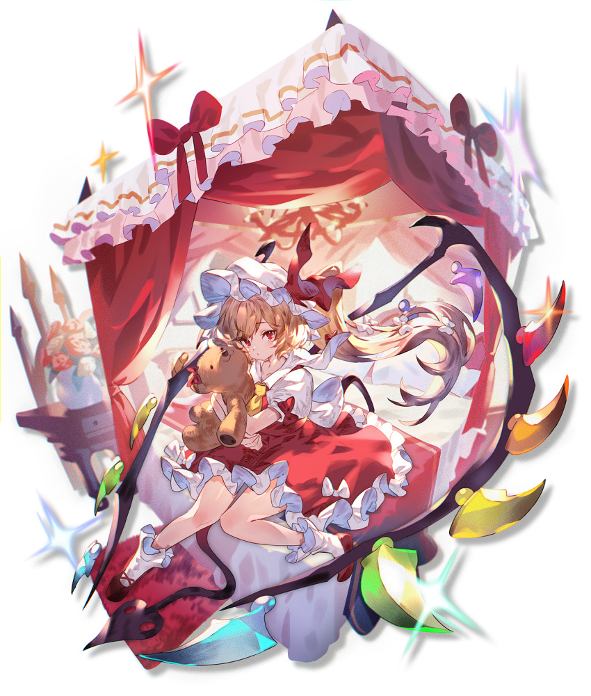 1girl ascot bangs bed blonde_hair bow commentary_request crystal curtains dress eyebrows_visible_through_hair flandre_scarlet hat hat_ribbon highres holding holding_stuffed_animal laevatein_(tail) long_hair looking_at_viewer mob_cap one_side_up petticoat puffy_short_sleeves puffy_sleeves red_bow red_dress red_eyes red_footwear red_ribbon ribbon shirt shoes short_sleeves simple_background sitting socks solo sparkle stuffed_animal stuffed_toy tail teddy_bear touhou uu_uu_zan white_background white_headwear white_legwear white_shirt wings yellow_neckwear