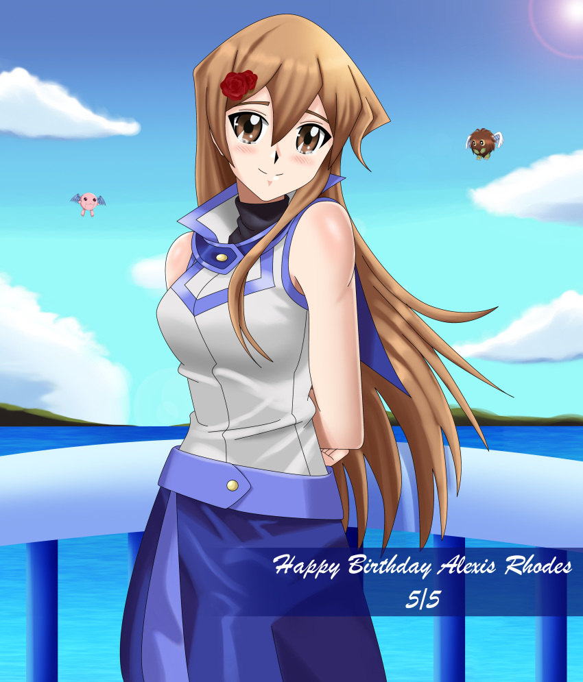 1girl arms_behind_back balcony blonde_hair blue_skirt blush brown_eyes buttons clouds crying cute cyber_petit_angel deviantart happy_birthday long_hair mountain red_rose sailor_collar sea sincity2100 sleeveless smile tears tenjouin_asuka white_shirt winged_kuriboh yuu-gi-ou yuu-gi-ou_gx