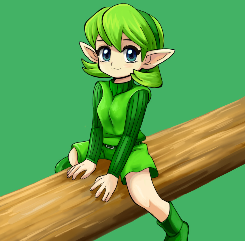 1girl belt breasts closed_mouth green_eyes green_footwear green_hair green_hairband hairband kokiri looking_at_viewer pointy_ears ribbed_sweater saria short_hair smile solo sweater takamame the_legend_of_zelda turtleneck