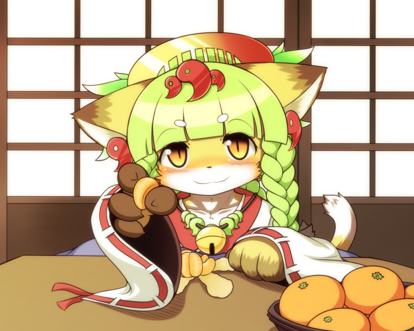 1girl :3 animal_ears blush cat cat_ears cat_girl cat_tail collarbone commentary_request food fruit fullbokko_heroes furry green_hair hane362 kushinada_(fullbokko_heroes) long_hair looking_at_viewer mandarin_orange slit_pupils solo tail wide_sleeves yellow_eyes yellow_fur