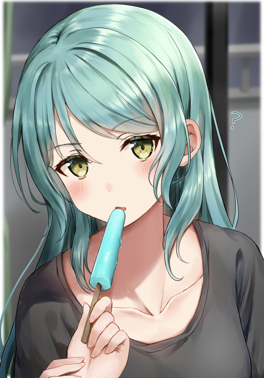 1girl ? absurdres aqua_hair bang_dream! black_shirt blurry blurry_background blush collarbone feeding food green_eyes hand_on_another's_hand highres hikawa_sayo holding holding_food long_hair looking_at_viewer mia_(fai1510) open_mouth popsicle pov shirt solo_focus sweat upper_body