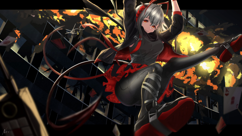 1girl antenna_hair arknights arms_up ass black_jacket black_legwear black_shirt black_skirt blurry breasts building card commentary depth_of_field detonator explosion grey_hair highres horns jacket looking_at_viewer medium_breasts miniskirt nevblindarts open_clothes open_jacket outdoors outside_border pantyhose parted_lips playing_card red_eyes shirt shoes short_hair skirt sleeveless sleeveless_shirt smile solo w_(arknights)