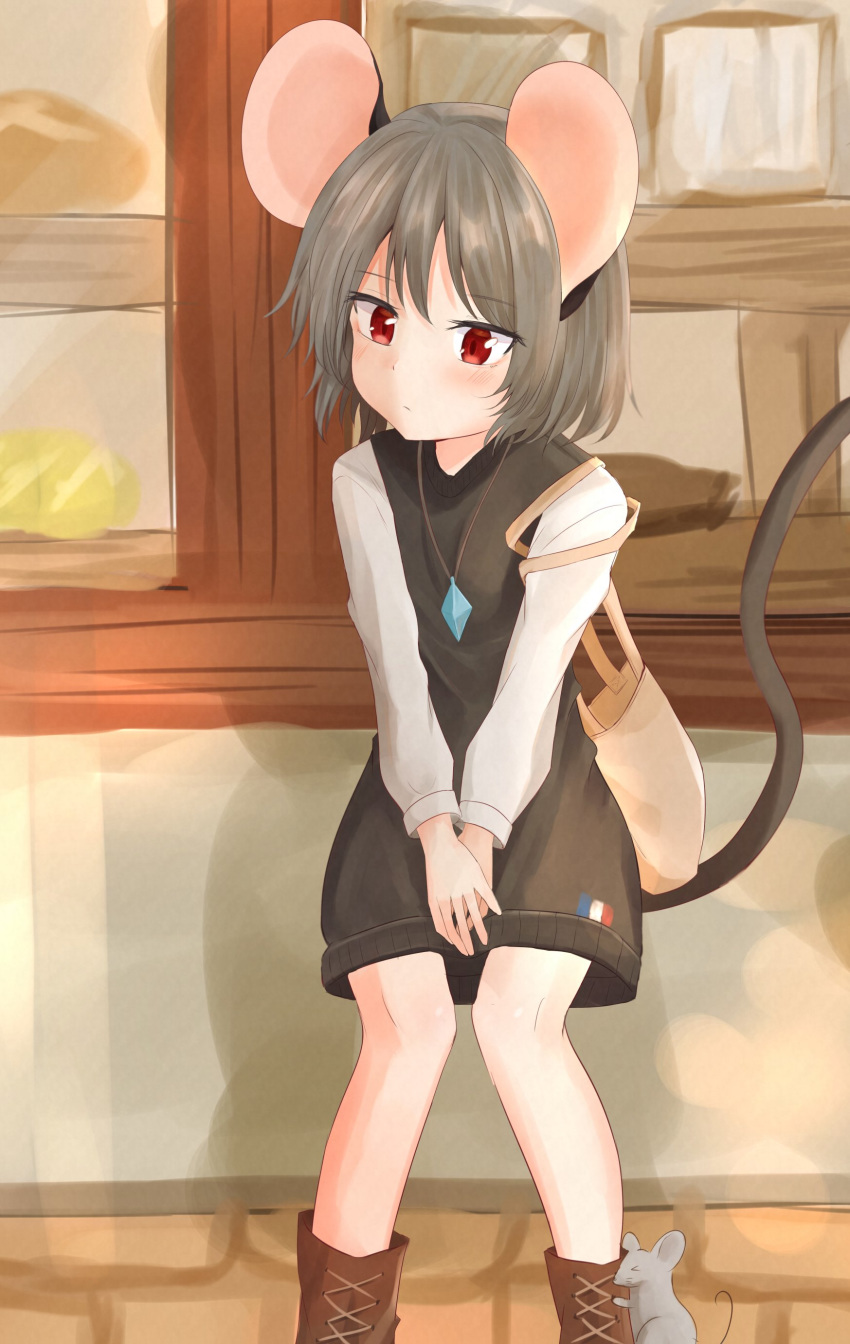 absurdres against_wall alternate_costume animal_ears bag bangs blush boots casual cross-laced_footwear dakuazu dress expressionless grey_hair highres jewelry long_sleeves looking_to_the_side mouse mouse_ears mouse_tail nazrin pendant pigeon-toed red_eyes short_hair shoulder_bag sweater sweater_dress tail touhou waiting