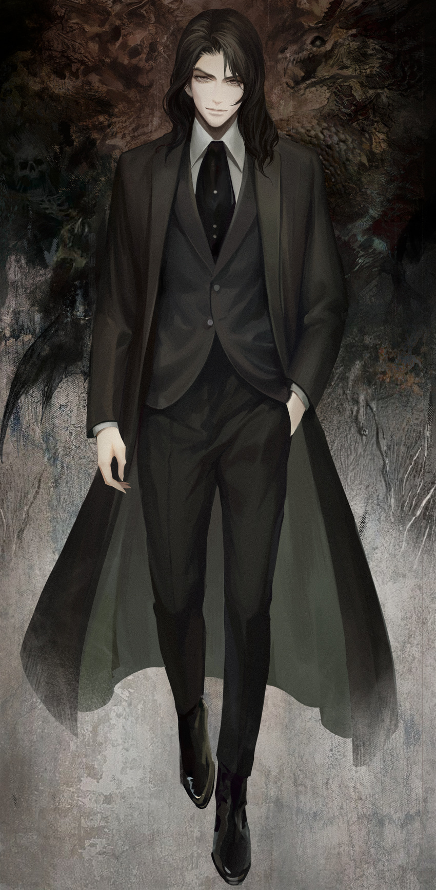 1boy absurdres black_cloak black_hair black_pants castlevania cloak closed_mouth collared_shirt formal full_body hand_in_pocket highres long_hair looking_at_viewer male_focus pant_suit pants qgailz shirt solo standing suit vest wing_collar