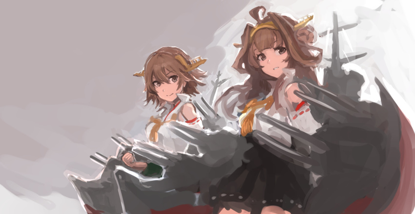 2girls absurdres ahoge bare_shoulders black_skirt brown_eyes brown_hair double_bun from_side grey_background headgear hiei_(kantai_collection) highres kantai_collection kongou_(kantai_collection) long_hair looking_at_viewer machinery moor multiple_girls nontraditional_miko pleated_skirt remodel_(kantai_collection) short_hair skirt smile