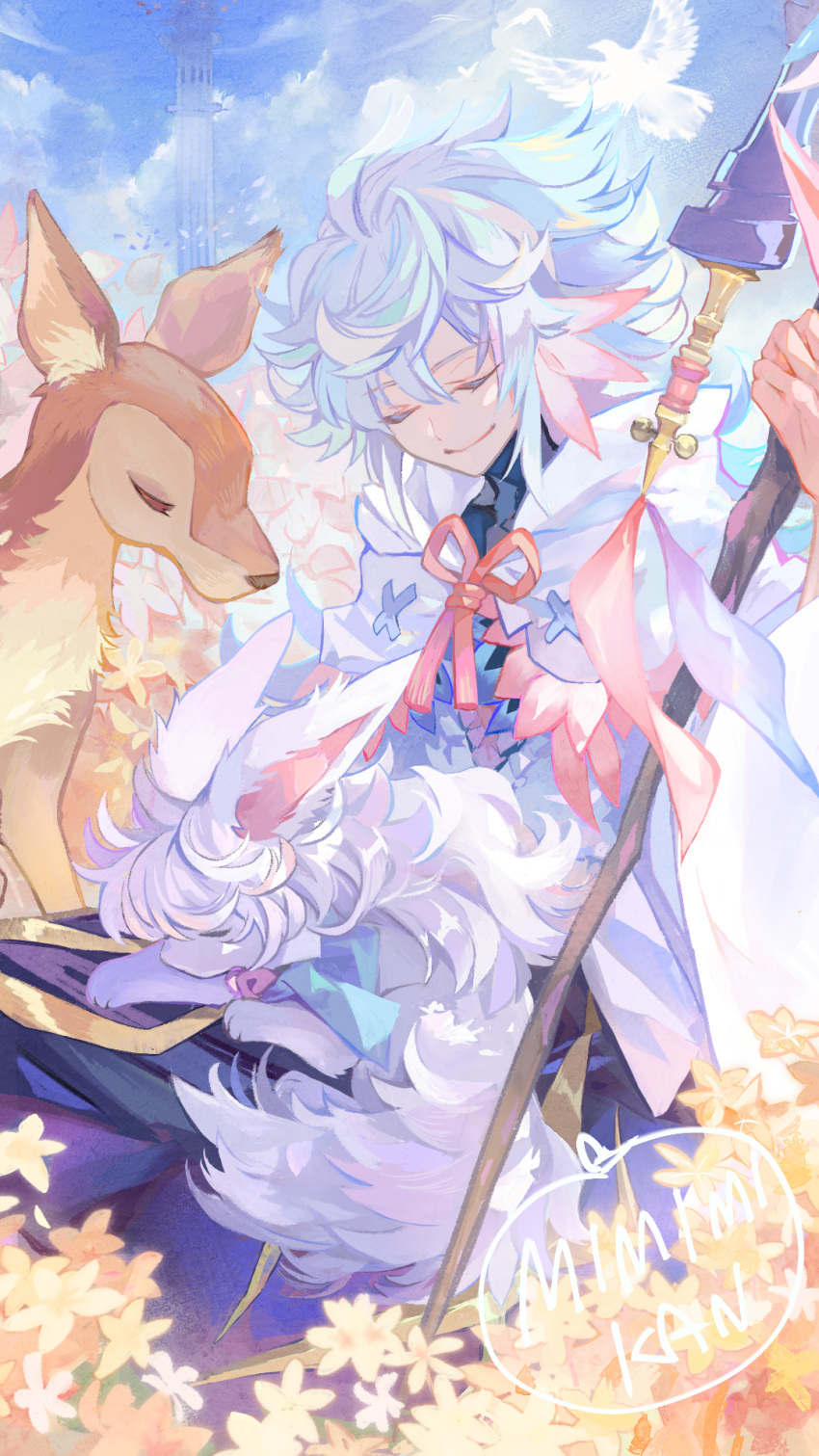 1boy artist_name bangs bird blue_cape blue_sky cape cloak closed_eyes clouds commentary_request creature creature_on_lap deer dove fate/grand_order fate_(series) field flower flower_field fou_(fate/grand_order) fur hair_ornament highres holding holding_staff long_hair male_focus merlin_(fate) mimimikan on_lap pink_ribbon ribbon signature sitting sky sleeping smile solo staff tail tower white_cape white_hair yellow_flower