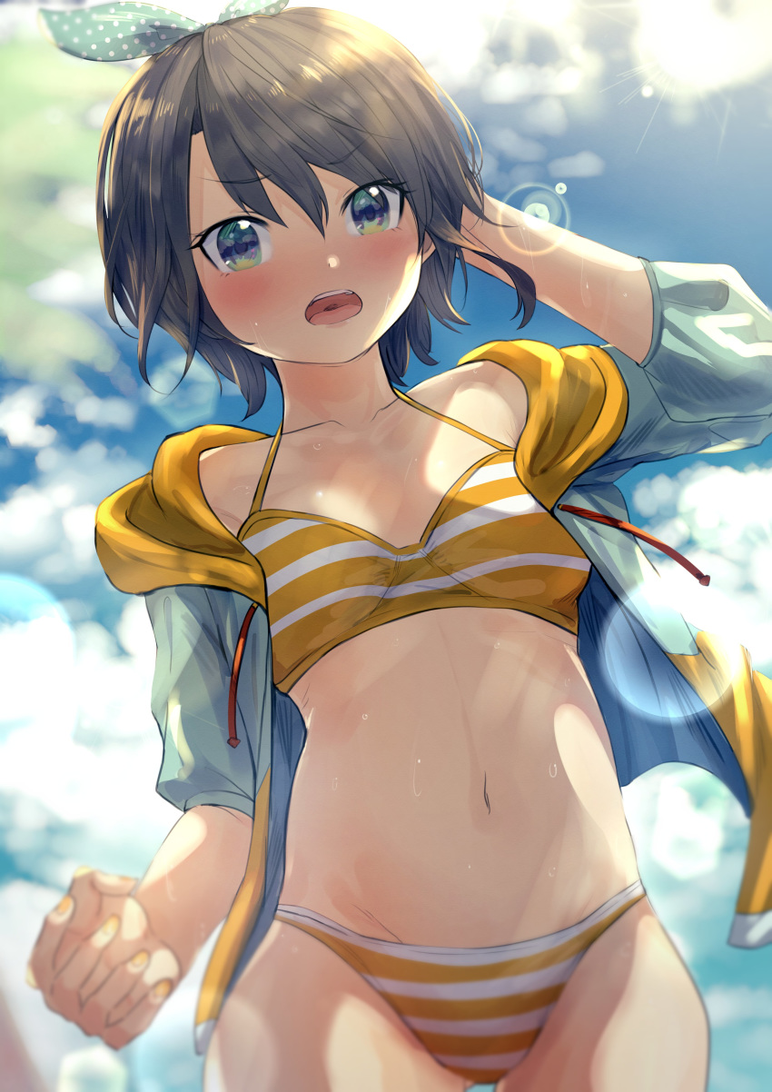 1girl absurdres bangs bikini black_hair blue_eyes blue_sky blush breasts day groin halterneck highres hololive kumamoto_nomii-kun looking_at_viewer nail_polish navel oozora_subaru open_mouth outdoors short_hair sky solo striped striped_bikini sun sweat swimsuit thigh_gap virtual_youtuber yellow_bikini yellow_nails