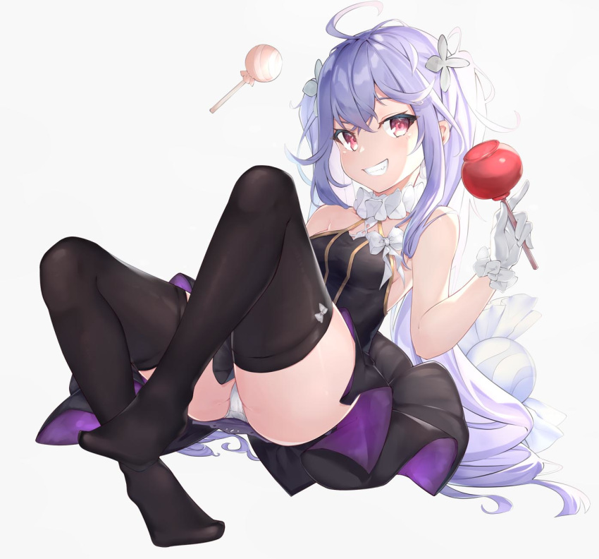 1girl ahoge ass bare_arms bare_shoulders black_dress black_legwear candy_apple choker dress food frilled_choker frills gloves grin hair_ornament hand_up highres holding long_hair looking_at_viewer mishuo_(misuo69421) no_shoes original panties purple_hair red_eyes simple_background sleeveless sleeveless_dress smile solo thigh-highs underwear white_background white_gloves white_panties