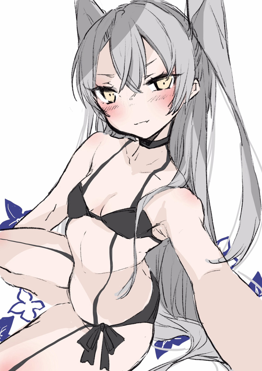 1girl amatsukaze_(kantai_collection) bikini black_bikini black_choker breasts brown_eyes chigasaki_y choker commentary_request garter_straps highres kantai_collection long_hair looking_at_viewer self_shot side-tie_bikini silver_hair sitting small_breasts solo swimsuit two_side_up wariza white_background