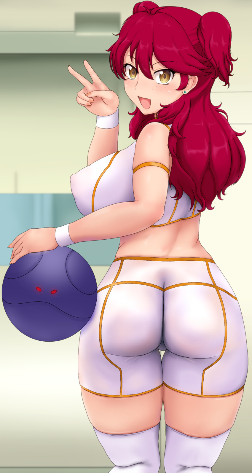 1girl absurdres ass bad_haro blush breasts commentary_request covered_nipples crop_top freckles from_behind gundam gundam_00 highres large_breasts long_hair looking_at_viewer looking_back nena_trinity open_mouth otohukebonne redhead shiny shiny_hair shiny_skin shorts smile solo standing thigh-highs two_side_up v white_legwear yellow_eyes