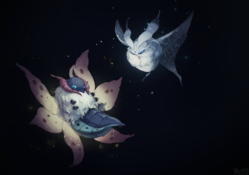 black_background blue_eyes commentary_request creature eye_contact flying frosmoth full_body gen_5_pokemon gen_8_pokemon looking_at_another no_humans pokemon pokemon_(creature) simple_background volcarona