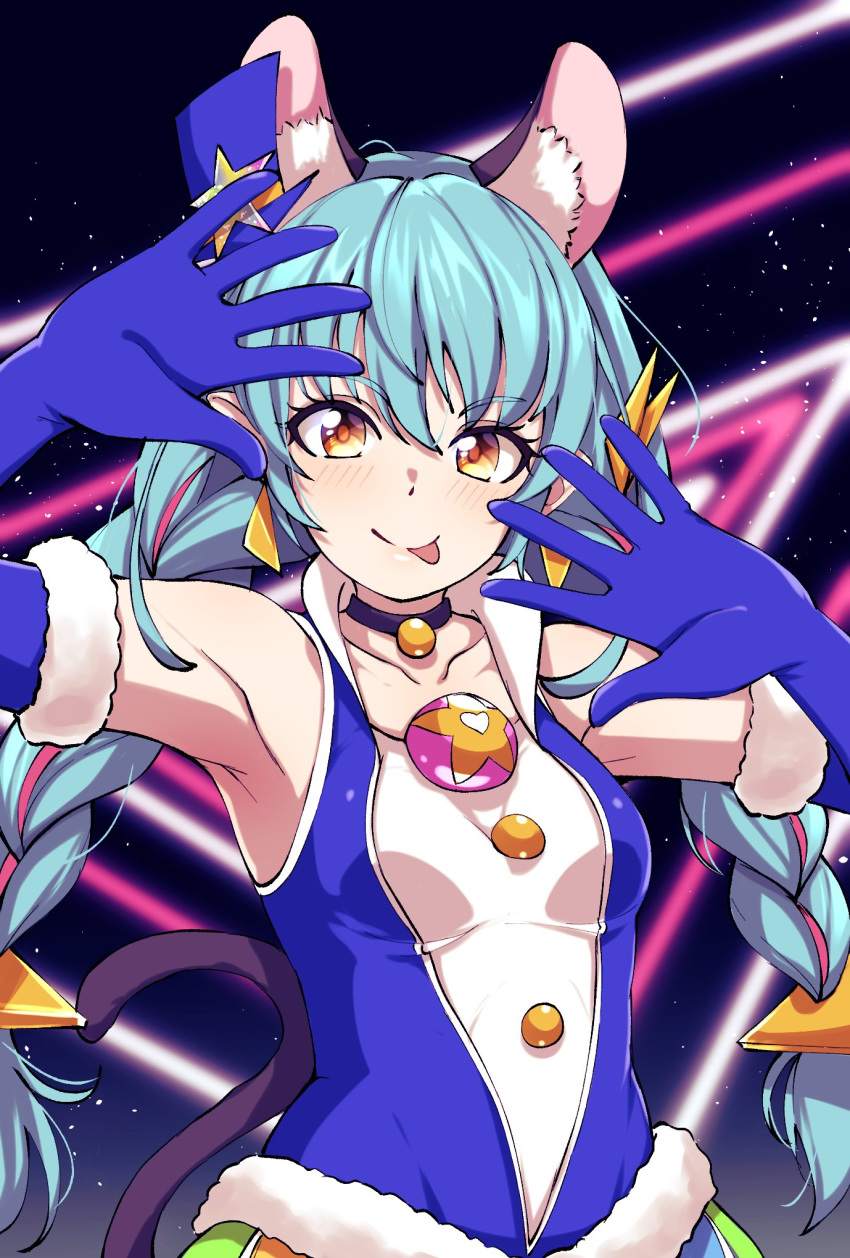 1girl animal_ears blue_dress blue_gloves blue_hair blush braid breasts brown_eyes character_request choker closed_mouth collarbone copyright_request cure_cosmo disco_brando dress earrings elbow_gloves eyebrows_visible_through_hair gloves highres jewelry long_hair looking_at_viewer mouse_ears mouse_tail precure sleeveless sleeveless_dress small_breasts smile solo star_twinkle_precure tail tongue tongue_out twin_braids