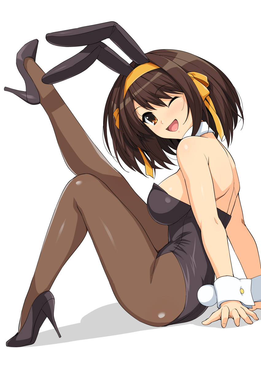 1girl absurdres animal_ears arms_behind_back bare_shoulders black_footwear black_leotard breasts brown_eyes brown_hair bunny_tail bunnysuit detached_collar eyebrows_visible_through_hair fake_animal_ears from_side hair_ribbon hairband haruhisky high_heels highres knee_up leg_up leotard looking_at_viewer medium_hair one_eye_closed open_mouth paid_reward pantyhose patreon_reward rabbit_ears ribbon shadow shoulder_blades simple_background sitting smile solo strapless strapless_leotard suzumiya_haruhi suzumiya_haruhi_no_yuuutsu tail thighs tongue yellow_hairband yellow_ribbon