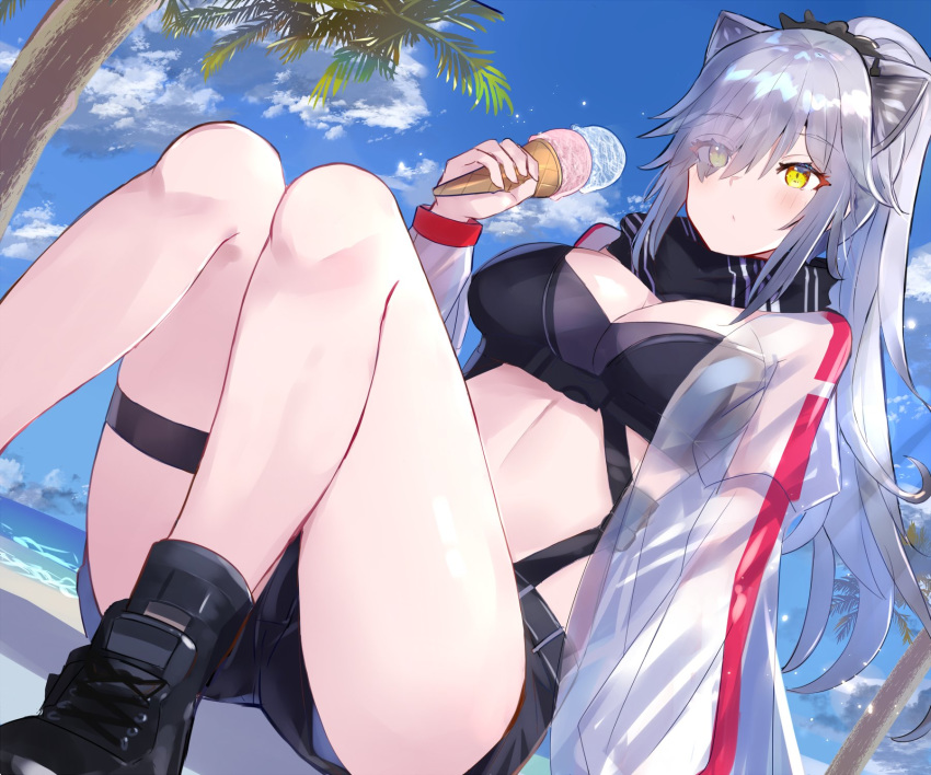 1girl animal_ears arknights black_neckwear blue_sky blush cat_ears clouds cloudy_sky day dutch_angle eyes_visible_through_hair food grey_hair highres ice_cream ice_cream_cone long_hair looking_away ponytail schwarz_(arknights) see-through shorts sitting sky solo transparent_jacket tree xenonstriker yellow_eyes