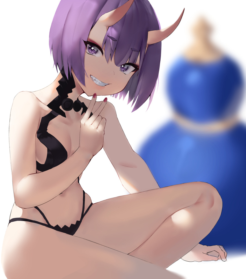 1girl absurdres alternate_costume bangs bare_arms bare_legs bare_shoulders black_panties blurry blurry_background bob_cut breasts clothing_request commentary_request eyebrows_visible_through_hair fang fate/grand_order fate_(series) grin highres horns looking_at_viewer medium_breasts navel oni oni_horns panties purple_hair red_nails short_eyebrows short_hair shuten_douji_(fate/grand_order) skin-covered_horns smile solo underwear v violet_eyes yoonsemo