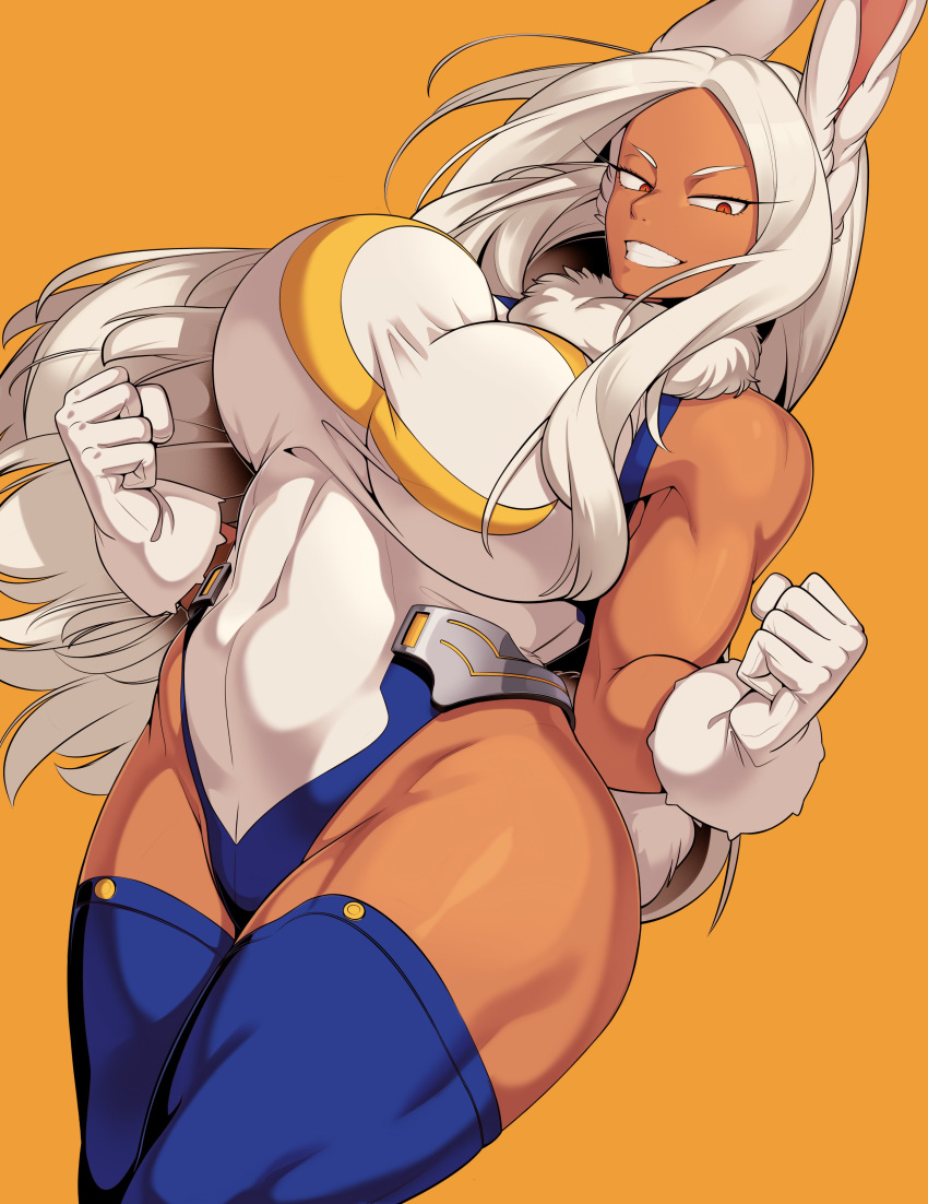 1girl absurdres animal_ears bare_shoulders blush boku_no_hero_academia breasts bunny_tail cervina covered_navel curvy dark_skin gloves highleg highleg_leotard highres large_breasts leotard long_hair looking_at_viewer mirko orange_background rabbit_ears simple_background solo tail thick_thighs thigh-highs thighs white_gloves white_leotard