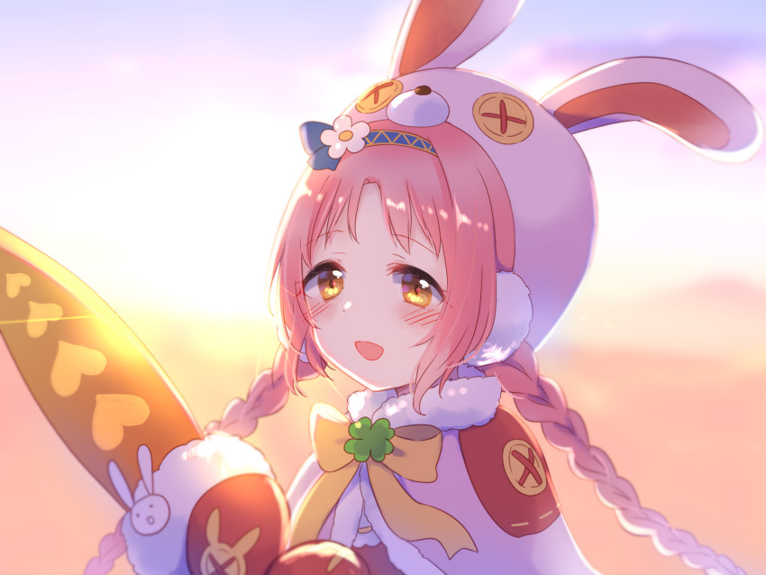 1girl :d akane_mimi animal_ears animal_hat backlighting bangs blue_hairband blush bow braid brown_bow brown_eyes bunny_hat capelet commentary_request eyebrows_visible_through_hair fake_animal_ears flower fur-trimmed_capelet fur_trim gucchiann hairband hat highres holding long_hair looking_at_viewer mittens open_mouth parted_bangs pink_hair pink_headwear princess_connect! princess_connect!_re:dive purple_capelet rabbit_ears red_mittens smile solo twin_braids twintails upper_body very_long_hair white_flower