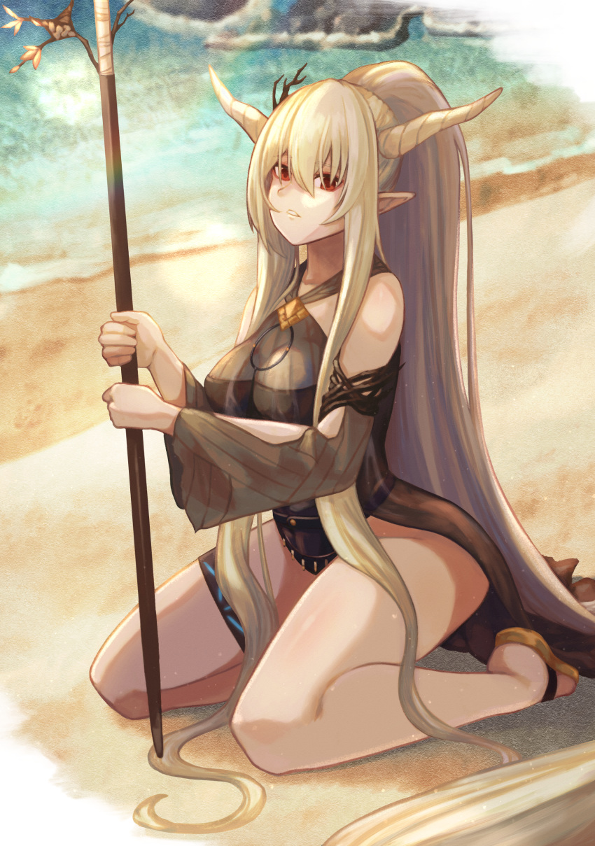 1girl absurdly_long_hair absurdres alternate_eye_color arknights bangs bare_legs bare_shoulders beach black_swimsuit breasts commentary_request detached_sleeves hair_between_eyes highres holding holding_staff horns large_breasts long_hair long_ponytail long_sleeves looking_at_viewer mutsuki_albino one-piece_swimsuit parted_lips partial_commentary pointy_ears ponytail red_eyes sandals shining_(arknights) sidelocks silver_hair sitting solo staff swimsuit thigh_strap thighs very_long_hair wariza water wide_sleeves