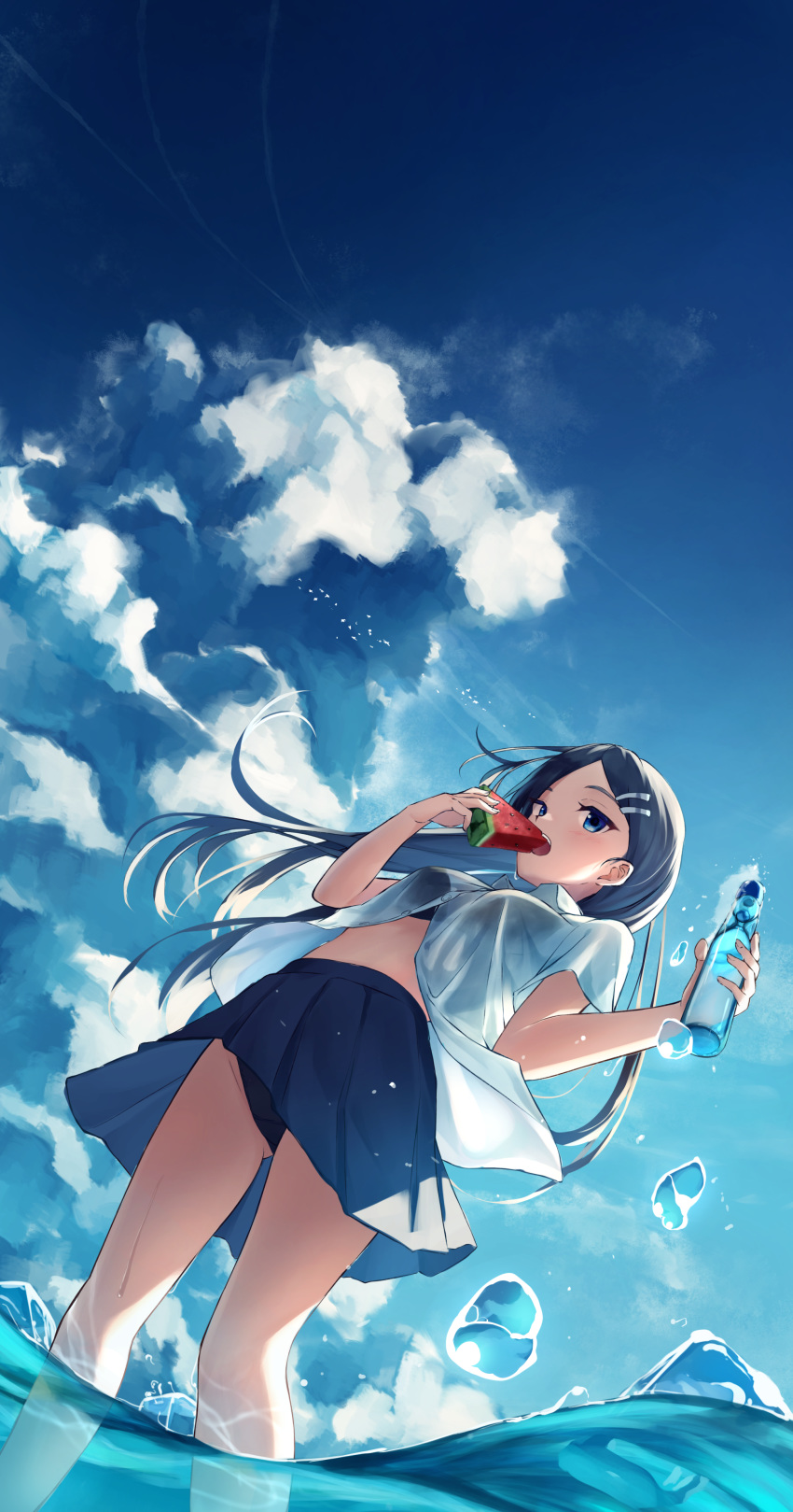 1girl absurdres ass_visible_through_thighs backlighting bangs bird black_hair black_panties blue_eyes blue_sky blush bottle bra breasts caustics clouds crotch_seam dress_shirt dripping dutch_angle eating food fruit groin hair_ornament hairclip highres holding holding_bottle long_hair looking_at_viewer midriff open_clothes open_mouth open_shirt original outdoors panties pantyshot parted_bangs partially_unbuttoned partially_underwater_shot ramune school_uniform see-through shirt short_sleeves shun'ya_(daisharin36) sky solo standing underwear wading water water_drop watermelon waves wet wet_clothes wet_shirt wind