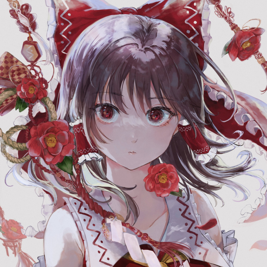 1girl absurdres ascot bare_shoulders black_hair bow brown_eyes closed_mouth collar collarbone detached_sleeves eyebrows_visible_through_hair flower frilled_collar frills hair_bow hair_tubes hakurei_reimu happiness_lilys highres japanese_clothes medium_hair nontraditional_miko petals portrait red_bow red_flower sidelocks solo touhou yellow_ascot