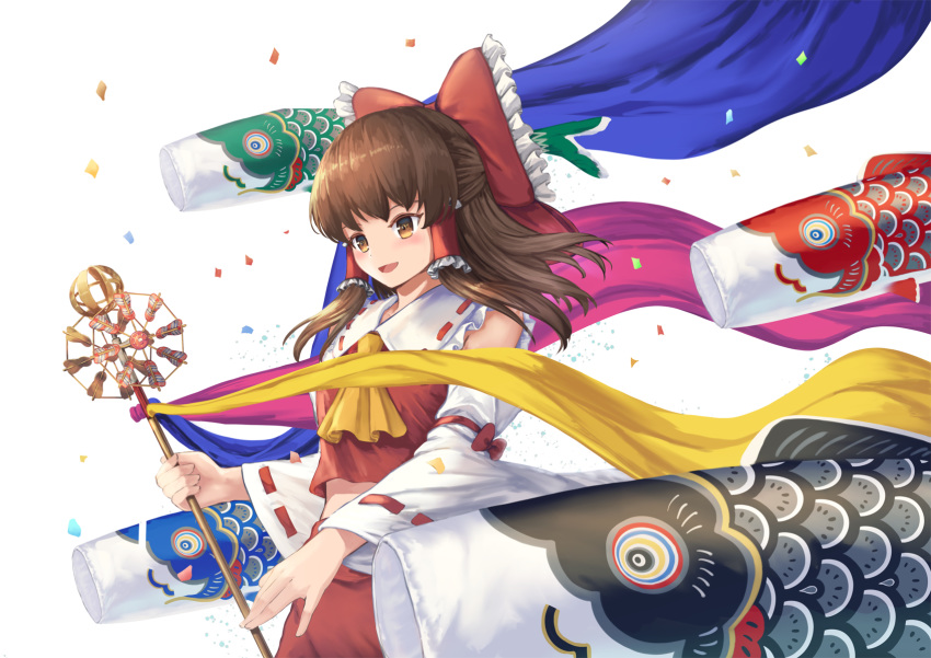 1girl :d arm_ribbon bow brown_eyes brown_hair commentary cowboy_shot cravat detached_sleeves frilled_shirt_collar frills hair_bow hair_tubes hakurei_reimu highres kodomo_no_hi koinobori looking_to_the_side medium_hair midriff ookashippo open_mouth red_skirt red_vest ribbon ribbon-trimmed_sleeves ribbon_trim sidelocks simple_background skirt smile solo staff standing touhou vest white_background yellow_neckwear