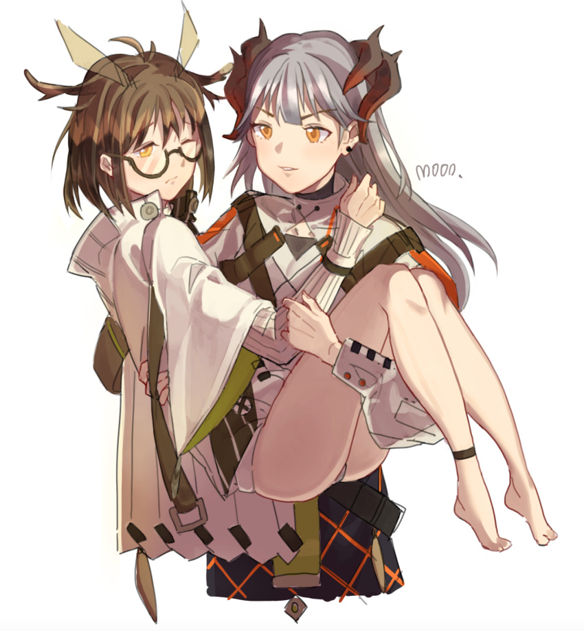 2girls ankle_strap antenna_hair arknights bangs bare_legs barefoot black-framed_eyewear black_skirt brown_hair carrying chinese_commentary commentary_request cowboy_shot earrings eyebrows_visible_through_hair glasses highres horns jewelry lanyue long_hair long_sleeves looking_at_another multiple_girls orange_eyes parted_lips princess_carry saria_(arknights) shirt short_hair silence_(arknights) silver_hair simple_background skirt smile standing stud_earrings thighs v-shaped_eyebrows white_background white_shirt wide_sleeves yellow_eyes