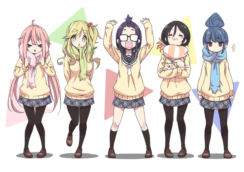 &gt;_&lt; ... 5girls absurdres ahoge animal bangs_pinned_back black_hair black_legwear blonde_hair blue_hair chikuwa_(yurucamp) closed_eyes commentary dog eyebrows_visible_through_hair front_ponytail full_body glasses green_eyes hair_bun highres holding_dog inuyama_aoi jitome kagamihara_nadeshiko kneehighs loafers long_hair multiple_girls n2midori no_mouth oogaki_chiaki opaque_glasses pantyhose pink_hair purple_hair saitou_ena scarf school_uniform shima_rin shoes short_hair side_ponytail simple_background spoken_ellipsis thick_eyebrows twintails yurucamp