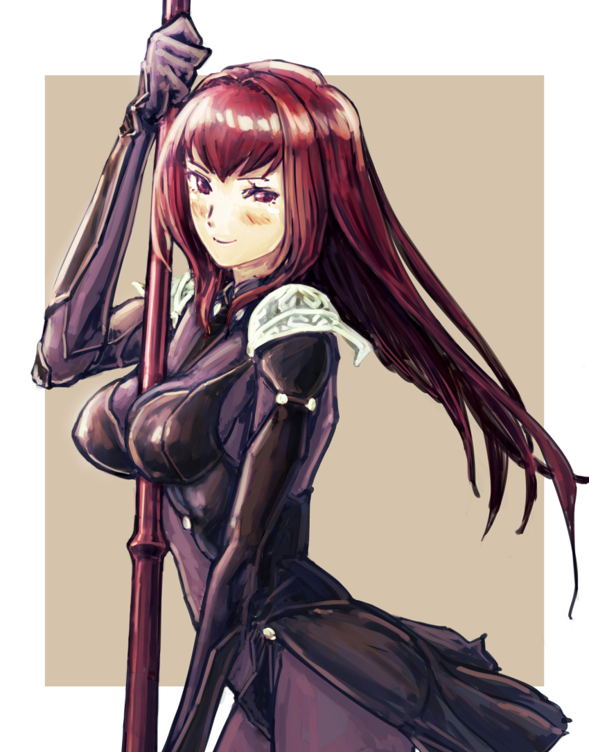 1girl between_breasts blush bodysuit breasts closed_mouth fate/grand_order fate_(series) highres holding large_breasts long_hair looking_at_viewer ooe_yamaken polearm purple_bodysuit purple_hair red_eyes scathach_(fate)_(all) scathach_(fate/grand_order) smile solo spear very_long_hair weapon