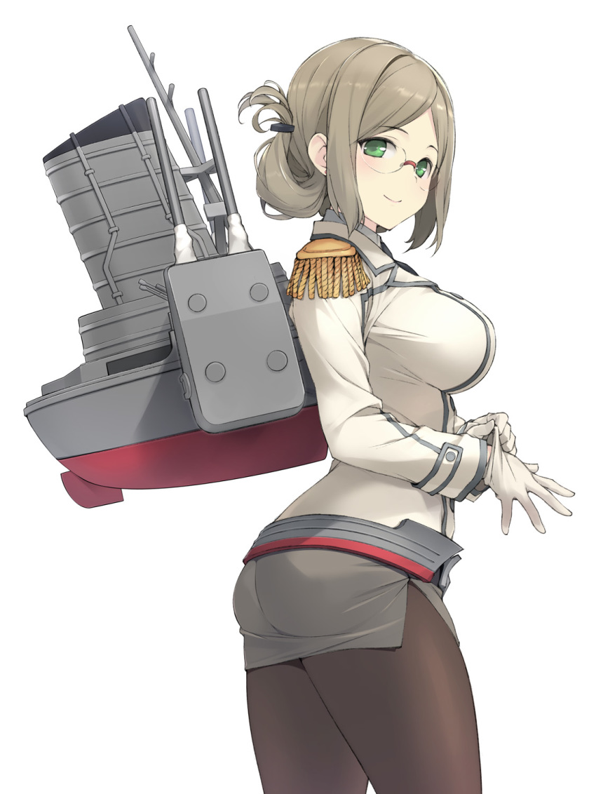 1girl ass bangs breasts brown_hair brown_legwear closed_mouth commentary_request cowboy_shot epaulettes eyebrows_visible_through_hair folded_ponytail from_side gloves green_eyes grey_skirt highres kantai_collection katori_(kantai_collection) large_breasts long_sleeves looking_at_viewer looking_to_the_side military military_uniform miniskirt pantyhose parted_bangs rigging rimless_eyewear round_eyewear sakana short_hair side_slit skirt smile solo uniform white_gloves