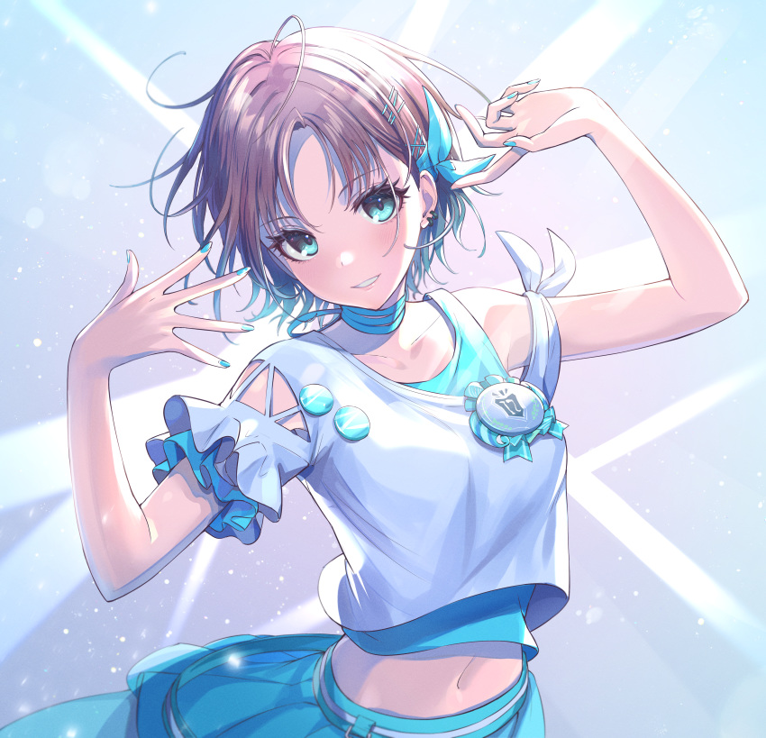 1girl :d absurdres antenna_hair arms_up asakura_tooru badge bangs black_hair blue_bow blue_eyes blue_skirt blue_tank_top blush bow button_badge choker collarbone ear_piercing hair_bow hair_ornament hairclip highres huge_filesize idolmaster idolmaster_shiny_colors kani_kani_kun looking_at_viewer nail_polish navel off-shoulder_shirt off_shoulder open_mouth parted_bangs piercing shirt short_hair short_sleeves skirt smile solo tank_top upper_body white_shirt x_hair_ornament