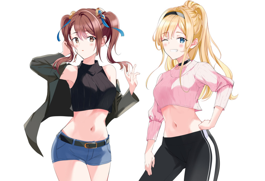 2girls ;d arm_up armpits arrichee bare_shoulders beatrix_(granblue_fantasy) belt black_choker black_jacket black_pants black_shirt blonde_hair blue_eyes blue_shorts breasts brown_eyes brown_hair choker cowboy_shot crop_top crop_top_overhang denim denim_shorts granblue_fantasy grin hair_ornament hairband hand_on_hip hand_up highres jacket long_hair long_sleeves looking_at_viewer medium_breasts midriff multiple_girls navel off_shoulder one_eye_closed open_clothes open_jacket open_mouth pants parted_lips pink_shirt ponytail ribbed_shirt shirt short_shorts shorts sidelocks simple_background sleeveless sleeveless_shirt smile standing stomach thighs track_pants twintails white_background zeta_(granblue_fantasy)
