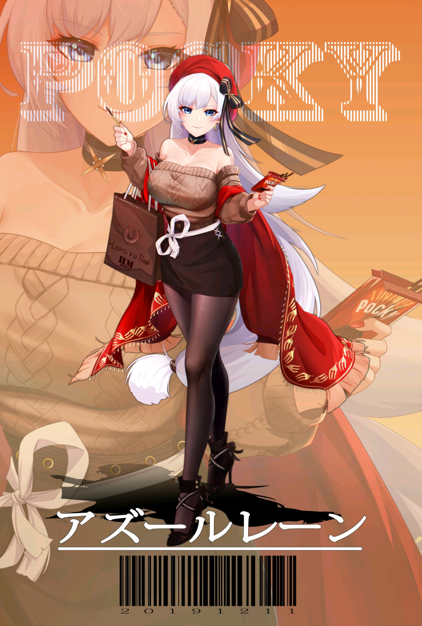 1girl absurdres aran_sweater azur_lane bag bangs barcode bare_shoulders belfast_(azur_lane) belfast_(shopping_with_the_head_maid)_(azur_lane) beret black_bow black_choker black_footwear black_legwear black_skirt blue_eyes bow breasts brown_sweater choker collarbone copyright_name crossed_legs earrings eyebrows_visible_through_hair food full_body haimian-v- hands_up hat hat_bow high_heels highres holding holding_food hoop_earrings jewelry large_breasts long_hair long_sleeves looking_at_viewer low-tied_long_hair miniskirt nail_polish off-shoulder_sweater off_shoulder orange_background pantyhose pencil_skirt pocky red_headwear red_nails sash shawl shopping_bag silver_hair skirt smile solo standing sweater thighs translated very_long_hair watson_cross white_sash zoom_layer