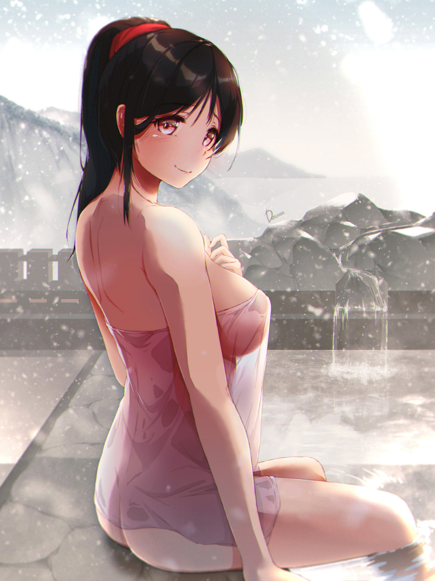 1girl bangs black_hair breasts closed_mouth commentary_request dermar hair_ornament hair_scrunchie highres large_breasts looking_at_viewer mountain naked_towel ocean onsen original outdoors ponytail red_eyes rock scrunchie see-through shore sideboob signature sitting smile snow solo stone towel water waterfall wet wet_towel