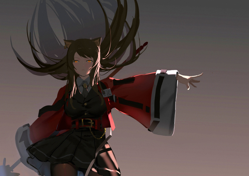 1girl absurdres animal_ears arknights bangs belt black_jacket black_legwear black_skirt breasts brown_hair cat_ears chaoxi chinese_commentary closed_mouth collared_shirt commentary_request cowboy_shot cropped_jacket earrings floating_hair gradient gradient_background grey_background highres jacket jewelry long_hair looking_at_viewer medium_breasts miniskirt necktie orange_eyes outstretched_arm outstretched_hand pantyhose partial_commentary pleated_skirt red_jacket shirt simple_background skirt skyfire_(arknights) solo staff swept_bangs white_shirt wide_sleeves wing_collar yellow_neckwear