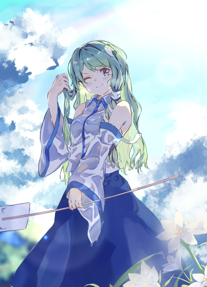 &gt;:) 1girl backlighting bangs blue_eyes blue_skirt blurry blurry_background blush closed_mouth clouds cloudy_sky collared_shirt commentary day detached_sleeves droplet flower frog_hair_ornament gohei green_hair hair_ornament hair_tubes hand_in_hair hand_up highres holding holding_hair kochiya_sanae long_hair long_skirt long_sleeves looking_at_viewer one_eye_closed outdoors outstretched_arm rainbow shiny shiny_hair shirt skirt sky sleeveless sleeveless_shirt smile smug snake_hair_ornament solo swept_bangs tamiku_(shisyamo609) touhou v-shaped_eyebrows water wet wet_clothes wet_shirt white_flower white_shirt wide_sleeves