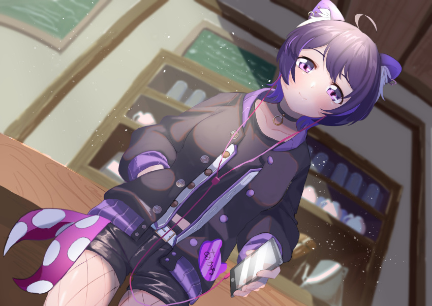 1girl absurdres animare black_choker black_jacket black_shorts cellphone choker closed_mouth counter dutch_angle earphones earphones haibara_akane hand_in_pocket highres holding holding_phone indoors jacket looking_at_viewer phone purple_hair red_panda_ears short_hair shorts smartphone smile violet_eyes virtual_youtuber waon_(41n)