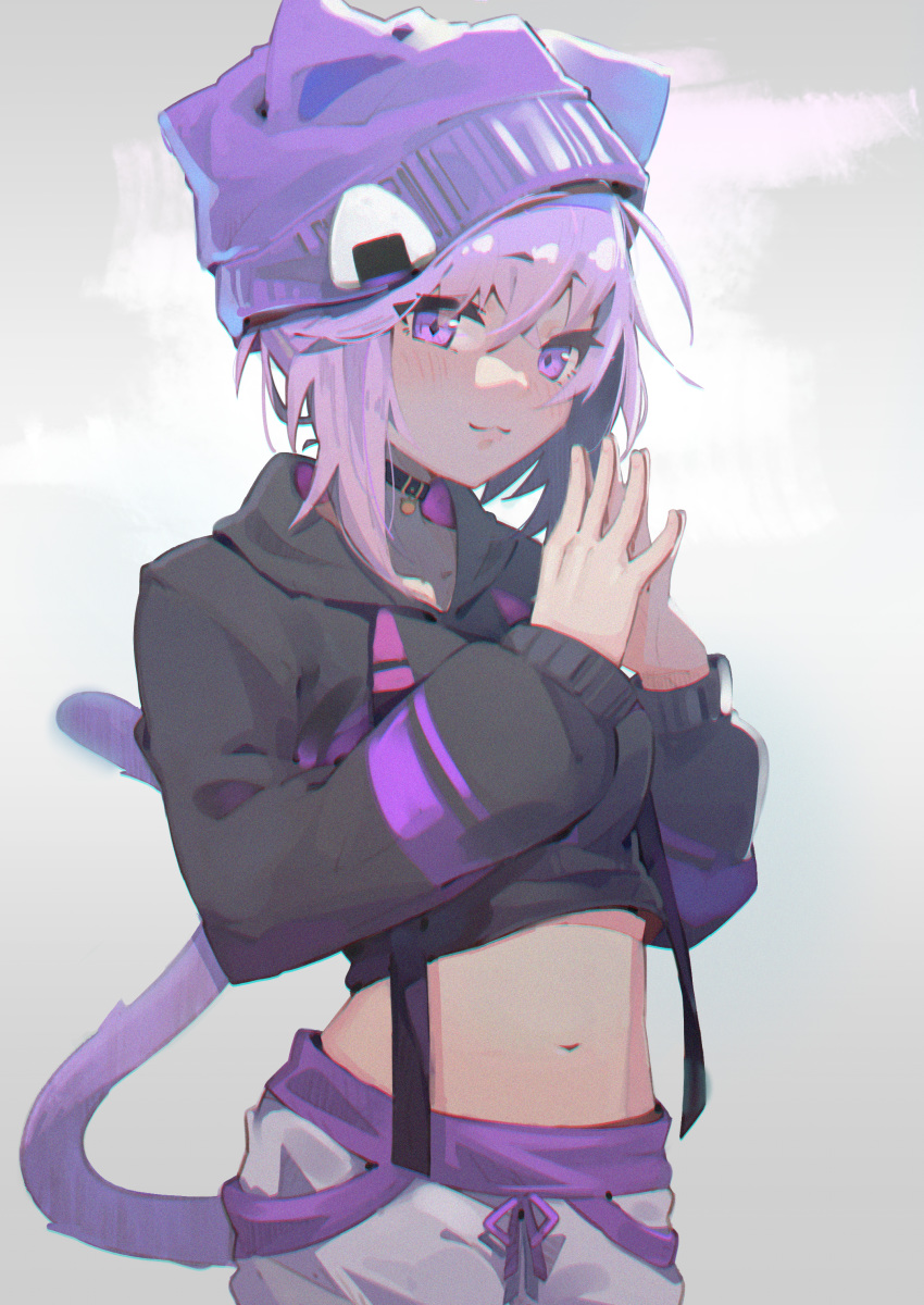 1girl :3 absurdres animal_ears bangs beanie blush cat_ears cat_tail choker closed_mouth collarbone commentary grey_background hat highres hololive hood hoodie long_sleeves looking_at_viewer midriff nekomata_okayu purple_hair shika002 short_hair sidelocks simple_background smile solo steepled_fingers suspenders tail violet_eyes virtual_youtuber