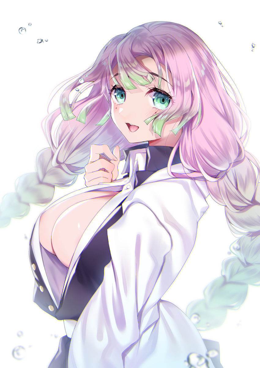 1girl :d absurdres arm_at_side bangs belt black_jacket black_skirt blush braid breasts buta_tamako commentary_request eyebrows_visible_through_hair eyelashes gradient_hair green_eyes green_hair hair_between_eyes hand_up haori highres jacket japanese_clothes kanroji_mitsuri kimetsu_no_yaiba large_breasts long_hair long_sleeves looking_at_viewer mole mole_under_eye multicolored_hair no_bra open_clothes open_mouth partially_unbuttoned pink_hair pleated_skirt quad_braids shiny shiny_skin shirt sidelocks simple_background skirt smile solo tri_braids very_long_hair white_background white_belt white_shirt