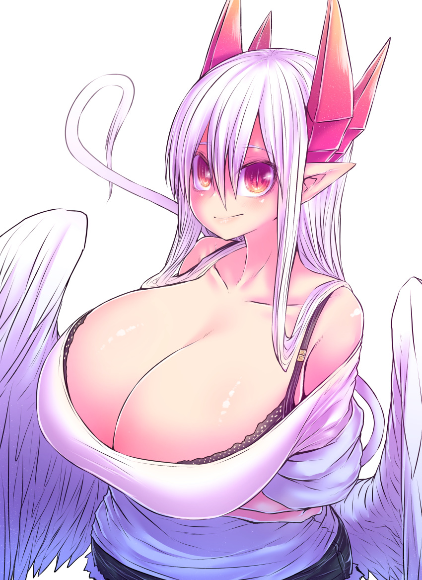 1girl absurdres arms_under_breasts breasts demon_girl feathered_wings highres horns huge_breasts juugoya_(zyugoya) long_hair lorem_(musuko_ga_kawaikute_shikatanai_mazoku_no_hahaoya) mature musuko_ga_kawaikute_shikatanai_mazoku_no_hahaoya red_eyes red_horns white_background white_hair white_tail white_wings wings