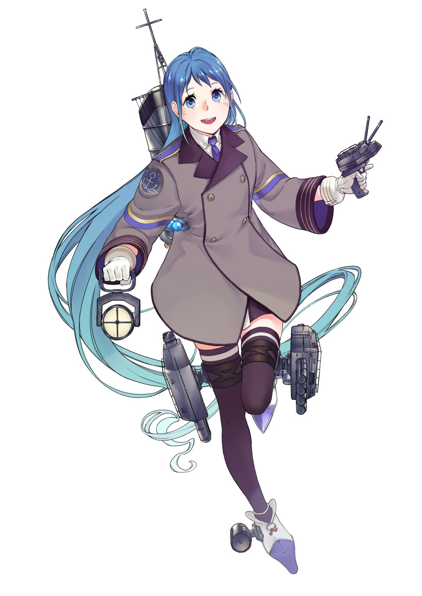 1girl absurdres adapted_turret bangs black_legwear blue_eyes blue_hair blue_neckwear cannon coat collared_shirt gloves gradient_hair grey_coat highres kantai_collection long_hair looking_at_viewer machinery multicolored_hair neckerchief original_remodel_(kantai_collection) samidare_(kantai_collection) searchlight shirt simple_background smile smokestack solo swept_bangs thigh-highs torpedo_launcher turret uyama_hajime very_long_hair white_background white_gloves