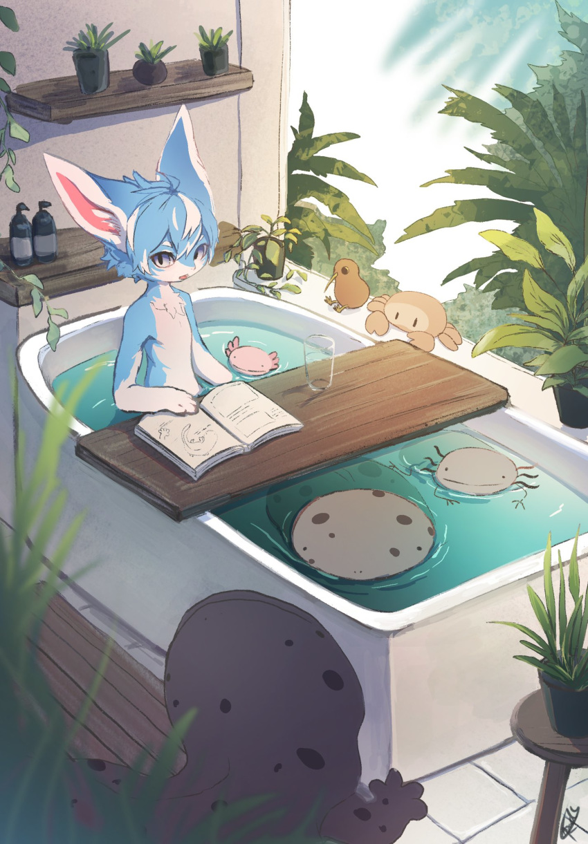 1girl animal_ears bath bathing bathtub blue_eyes blue_hair book cup drinking_glass eyebrows_visible_through_hair furry gloves highres indoors looking_at_viewer multicolored_hair open_book original partly_fingerless_gloves plant potted_plant rady short_sleeves solo two-tone_hair white_hair