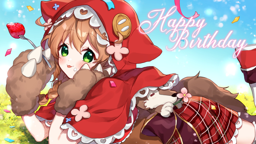 1girl :p animal_ears animal_hood blue_sky braid brown_gloves brown_hair capelet confetti day fake_animal_ears food food_on_face fork fruit gloves green_eyes happy_birthday holding holding_fork hood hood_up hooded_capelet leg_up long_hair looking_at_viewer lying nijisanji on_stomach outdoors paw_gloves paws plaid plaid_skirt red_capelet red_footwear red_skirt shoes skirt sky solo strawberry tail thigh-highs tongue tongue_out virtual_youtuber warabeda_meijii white_legwear yamabukiiro