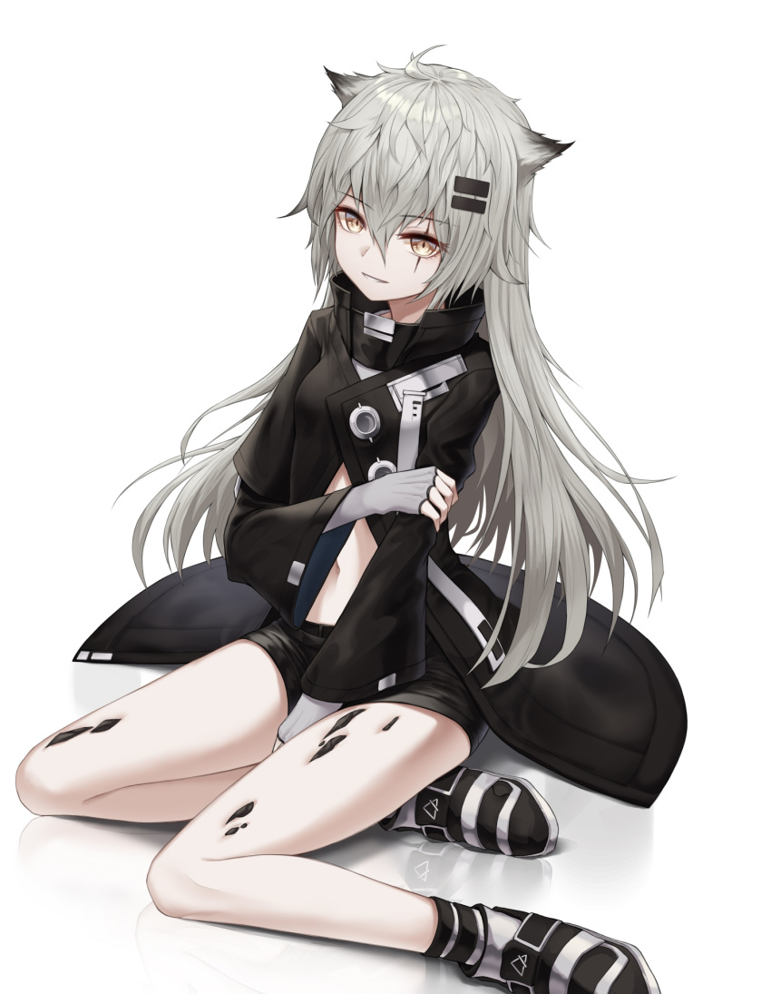 1girl ahoge animal_ears arknights bangs bare_legs black_footwear black_jacket black_shorts commentary eyebrows_visible_through_hair fingerless_gloves gloves grey_eyes grey_gloves grin hair_between_eyes hair_ornament hairclip high_collar highres jacket lappland_(arknights) long_hair long_sleeves looking_at_viewer myung navel ore_lesion_(arknights) parted_lips reflection scar scar_across_eye shadow short_shorts shorts silver_hair simple_background sitting smile solo stomach symbol_commentary thighs very_long_hair white_background wide_sleeves wolf_ears yokozuwari